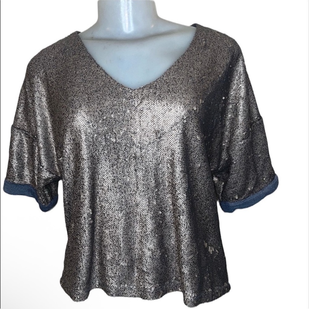 Deletta Anthropologie Shimmering Silver Short Sleeve Top Size XS
